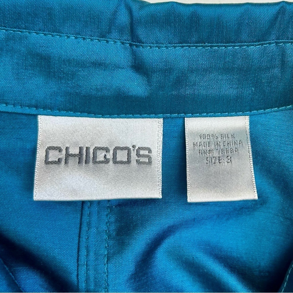 Chico's Teal Blue Raw Silk Long Sleeve Button Down Tunic Top Jacket Size 3 XL - Picture 8 of 8